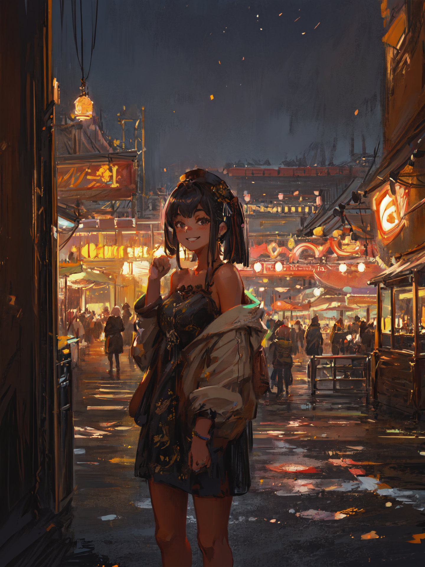 (best quality, masterpiece1.2),intricate detail,depth of field,20 years old girl,off shoulder,night,festival,Amusement par...